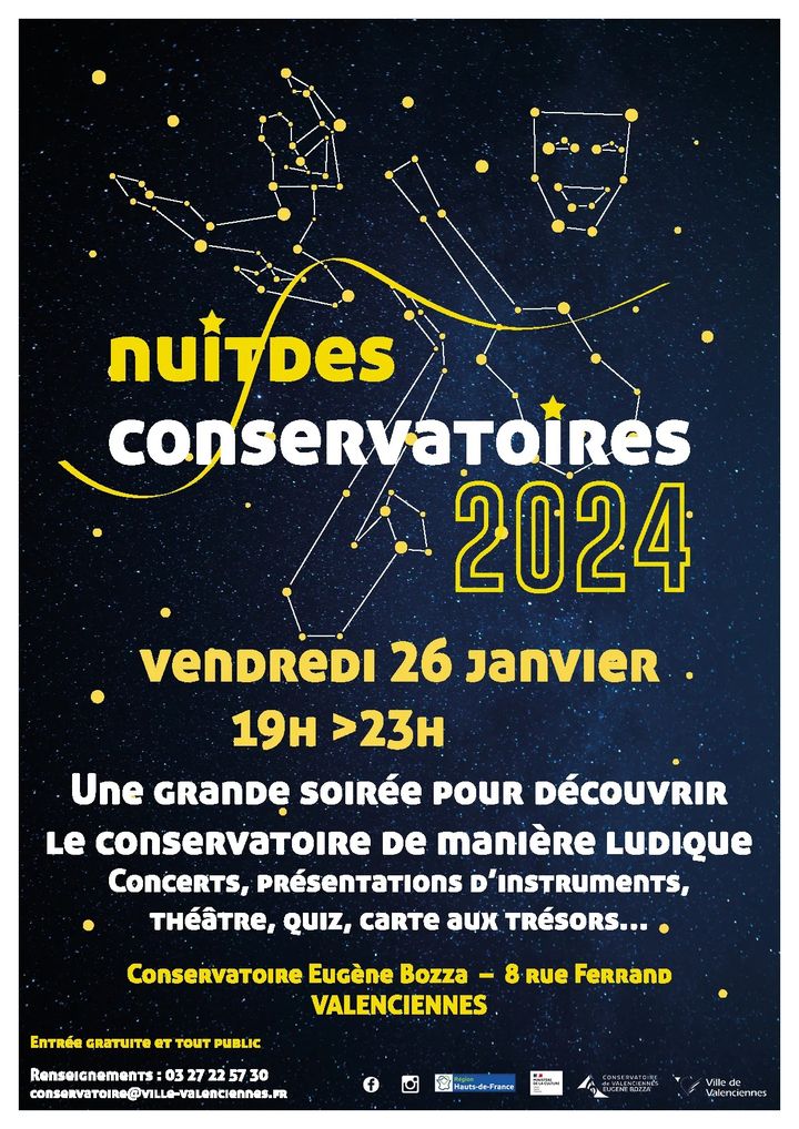 [#NuitDesConservatoires] Evénement national pour célébrer les arts et la culture dans les conservatoires. La Nuit des conservatoires se déroule cette année à Valenciennes, le vendredi 26 janvier dès 19h.
Au programme 👉 concerts, présentations d’instruments, théâtre, quiz, carte aux trésors,…
+ d’infos 👉 https://www.valenciennes.fr/agenda/nuit-des-conservatoires-2024/