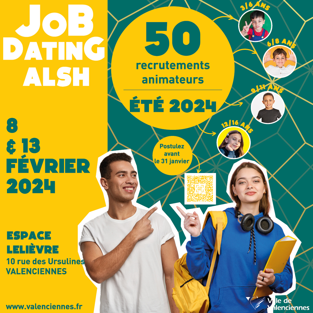 Postulez en ligne avant le 31 janvier 2024 !

En prévision de l’été, Valenciennes organise un grand job dating afin de recruter les animateurs pour les ALSH de cet été 2024.
Vous êtes intéressé(e) ? Scannez le Qr Code

#jobdating #alsh #recrutement #valenciennes_maville #valenciennes