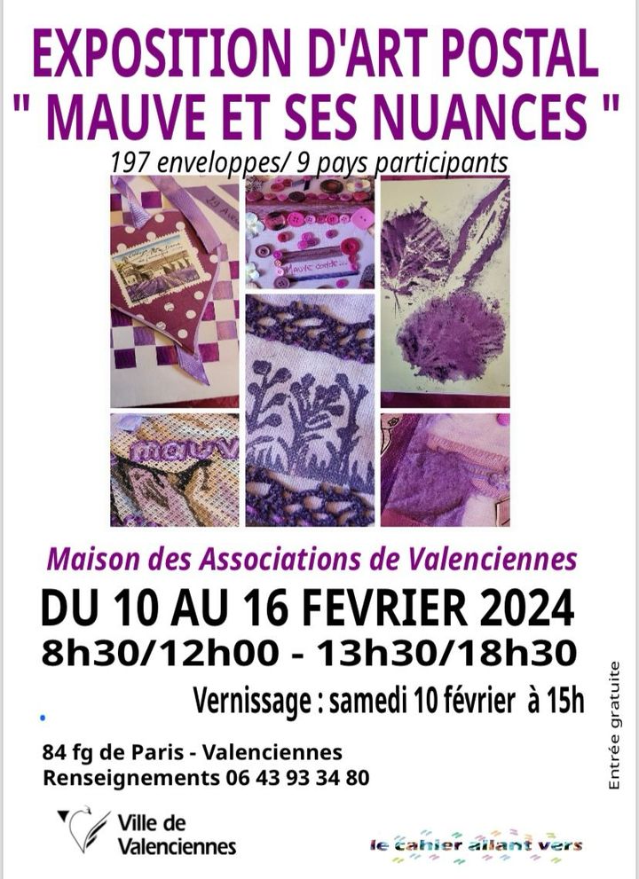[💜EXPO💜] la Maison des associations Valenciennes accueille du 10 au 16 février une exposition d’art postal « Mauve et ses nuances ». 
A cette occasion l’association « le cahier allant vers » vous fera découvrir 197 enveloppes et 9 pays seront représentés 💜💜