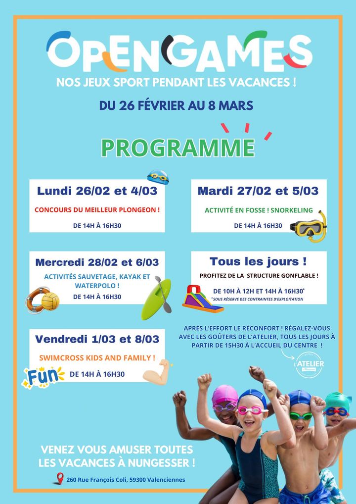 [🤿🏊‍♂️ INFO 🏊‍♀️🤿] Les vacances d’hiver approchent, votre Centre aquatique Nungesser vous a concocté un programme au TOP pour vivre des moments FUN en famille 🥳  
▶ Le retour des OPENGAMES du 26 février au 8 mars, c’est :
🥇 Concours du meilleur plongeon, 
🤿 Activité snorkeling,
🛟🏐🚣 Activité kayak/waterpolo/sauvetage, structure gonflable, swimcross kids and family 
+ d’infos 👇