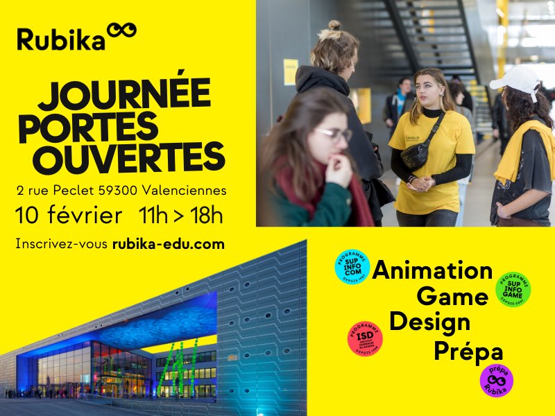 [PORTES OUVERTES] Le samedi 10 février, une journée essentielle à ne rater sous aucun prétexte.
1️⃣ Rubika vous ouvre ses portes RDV de 11h à 18h, à la serre numérique, 2 rue Péclet.
👉 Vous pourrez découvrir les projets étudiants, les différents cursus, les débouchés professionnels, les offres de logement, de financement et de transport, …

2️⃣ L’Université Polytechnique Hauts-de-France vous donne RDV de 9h à 17h, sur les campus du Mont Houy et des Tertiales.
👉 L’occasion d’en apprendre davantage sur les formations, découvrir les campus, les équipements, échanger avec les équipes pédagogiques et les étudiants et participer aux conférences.
👉 Si vous ne pouvez pas vous déplacer, vous avez la possibilité de participer virtuellement aux portes ouvertes, la connexion se fait via le site internet de l’UPHF : https://www.uphf.fr/
