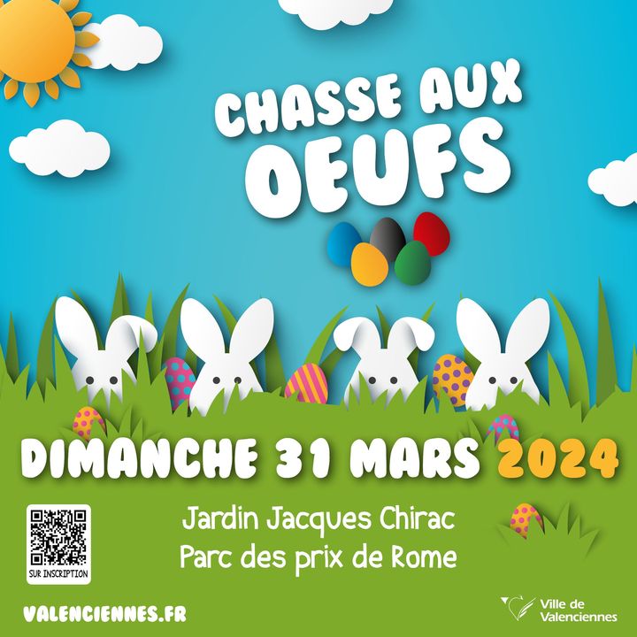 [🐣🐣CHASSE AUX OEUFS🐣🐣] Nos petits Valenciennois sont attendus dimanche 31 mars au jardin Jacques Chirac, parc des prix de Rome pour participer à la grande chasse aux oeufs ! 🥚🥚🥚
👉 Au programme : jeux gonflables, ateliers de dessins, fabrication de gourmandises,…
ℹ Pour participer aux différentes chasses aux œufs, rien de plus simple. Il vous suffit de remplir le bulletin d’inscription 👉https://www.valenciennes.fr/inscription_paques/

🐣 Lien de l’événement : https://fb.me/e/3hy8iQE2E