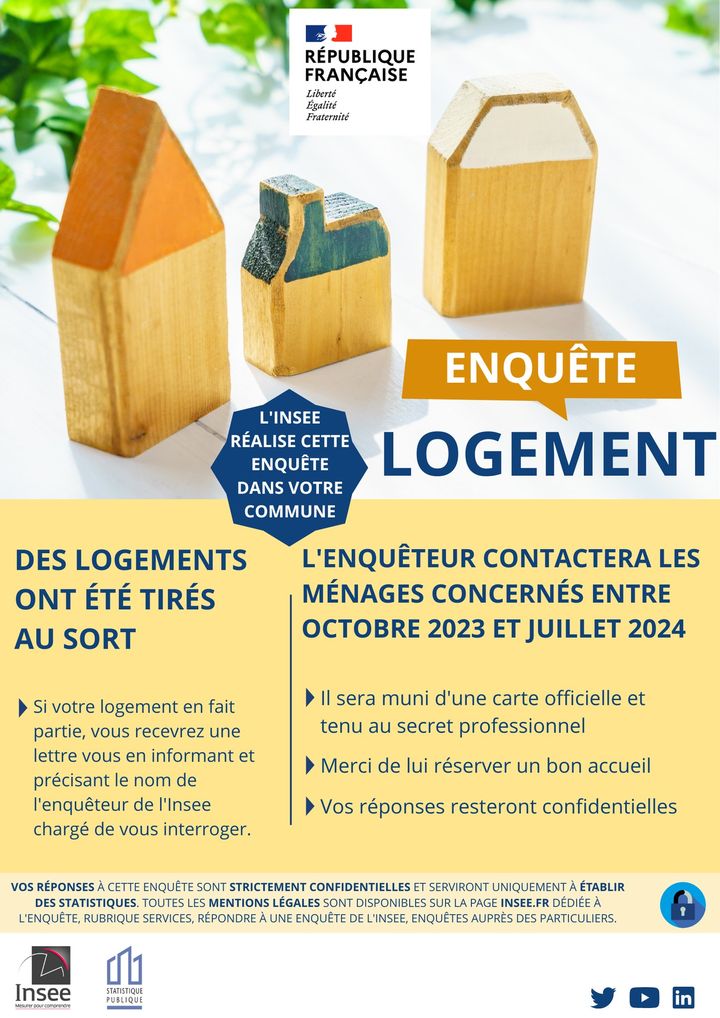 [ENQUÊTE INSEE] L’Insee réalise l’enquête Logement 🏘. Les réponses permettent de connaître les conditions de logement en France, d’évaluer le mal-logement et de mesurer les coûts du logement (énergie, loyers, emprunts immobiliers). L’enquête s’intéresse
également à la satisfaction de chacun au regard de son logement et aux travaux effectués.
ℹ Vous allez recevoir un courrier postal avec un identifiant pour vous connecter sur le portail sécurisé de l’Insee et répondre par internet. Si vous n’avez pas accès à internet, un enquêteur de l’Insee pourra prendre ultérieurement contact avec vous.
▶️ + d’infos 👉 https://www.valenciennes.fr/enquete-de-linsee-sur-le-logement/