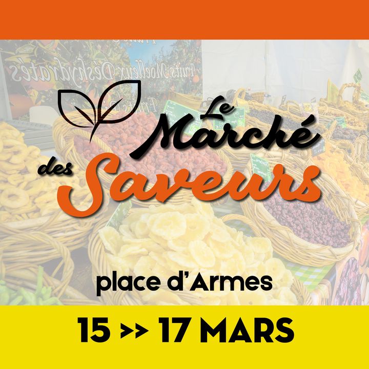 [😋INFO😋] Le marché des saveurs est de retour 🤩 
👉 RDV les vendredi 15, samedi 16 mars et dimanche 17 mars sur la place d’Armes.
Venez profiter en famille et/ou entre amis des spécialités culinaires de nos régions réunies en un seul et même lieu.

ℹ️ Toutes les infos sur le lien de l’événement 👉 https://fb.me/e/gNIcDjYAF