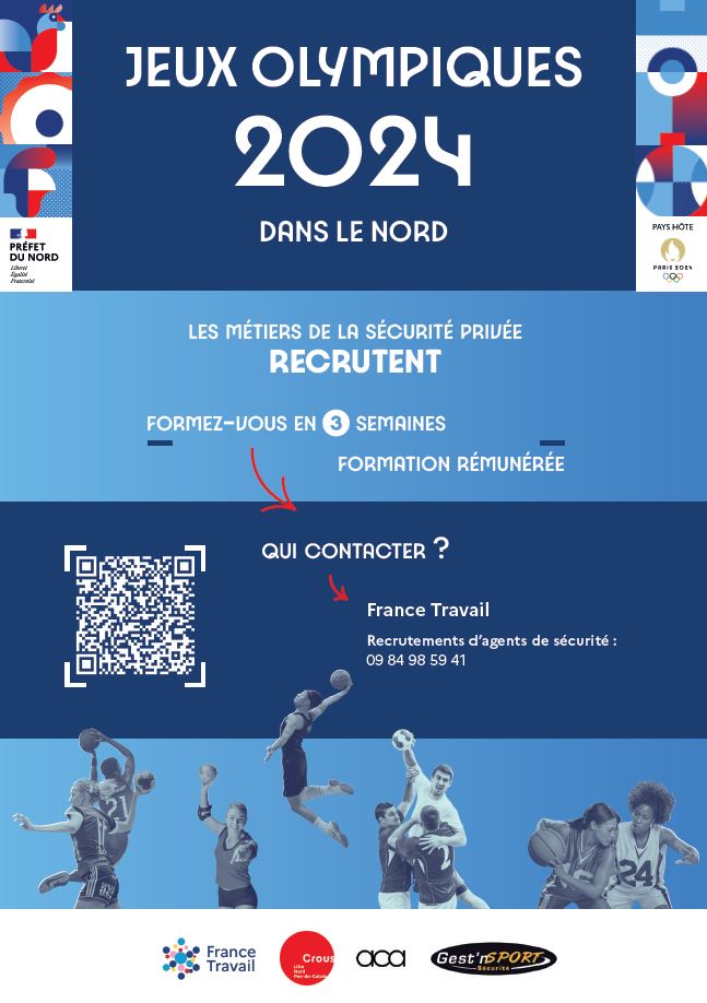 [💙🖤❤️JO💛💚] Le Nord accueillera une partie des jeux olympiques et paralympiques notamment les phases préliminaires de basketball et les phases finales de handball. 
👉Pour cette occasion, de nombreuses entreprises recrutent.

Dans cette perspective, plus de 2 000 emplois sont à pouvoir, particulièrement dans le domaine de la sécurité privée.

▶️Formez-vous en 3 semaines – formation rémunérée
▶️Qui contacter ? France travail 09 84 98 59 51

👉Les jeux olympiques, soyez dans les starting-blocks !👈

#jeuxolympiques2024 #jeuxolympiques #jeuxolympiquesparis2024 #JeuxOlympiquesEtParalympiquesDeParis2024 #francetravail #lillemaville