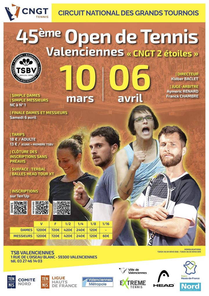 [🎾🎾🎾] La 45ème édition de l’Open de tennis s’installe du 10 mars au 6 avril au Tennis Squash Badminton de Valenciennes, 1 rue de l’oiseau blanc à Valenciennes
+ d’infos : 03 27 46 14 03