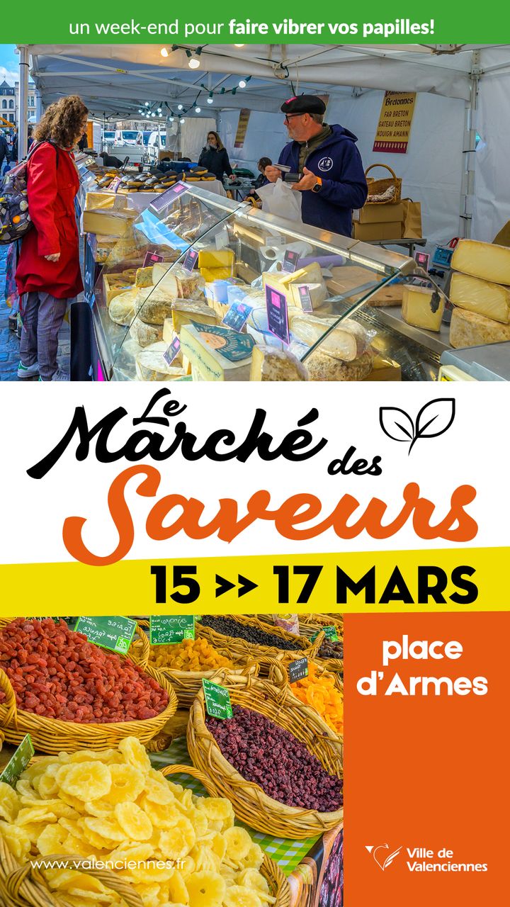 [MARCHE DES SAVEURS] Ça commence demain🤩😋 
Venez profiter des spécialités culinaires de nos régions réunies en un seul et même lieu.
👉Le temps d’un week-end, la place d’Armes se transforme en temple des saveurs à regarder, à sentir et surtout…à savourer ! 😋
▶️ Vendredi 15 et samedi 16 mars de 9h à 19h
▶️ Dimanche 17 mars de 9h à 18h
ℹ Toutes les infos 👉https://www.valenciennes.fr/agenda/marche-des-saveurs-4/