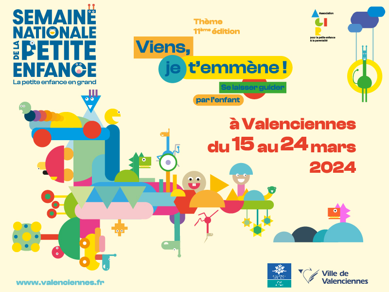 [#semainenationaledelapetiteenfance] Dans le cadre de la Semaine Nationale de la Petite Enfance, l’Espace Ressources Petite Enfance de Valenciennes et l’ensemble de ses partenaires vous proposent une série d’actions et d’animations gratuites.

👉Enfants, parents et professionnels de la petite enfance, vous pouvez vous retrouver du 15 au 24 mars 2024, lors d’ateliers, d’expositions, de formations, de spectacles…

👉Un programme riche et original sur la thématique « VIENS, JE T’EMMENE – se laisser guider par l’enfant »

👉Voici :
▶ le lien de l’événement : https://fb.me/e/4fJmDnLaa
▶ la programmation : https://www.valenciennes.fr/agenda/semaine-nationale-de-la-petite-enfance-2/