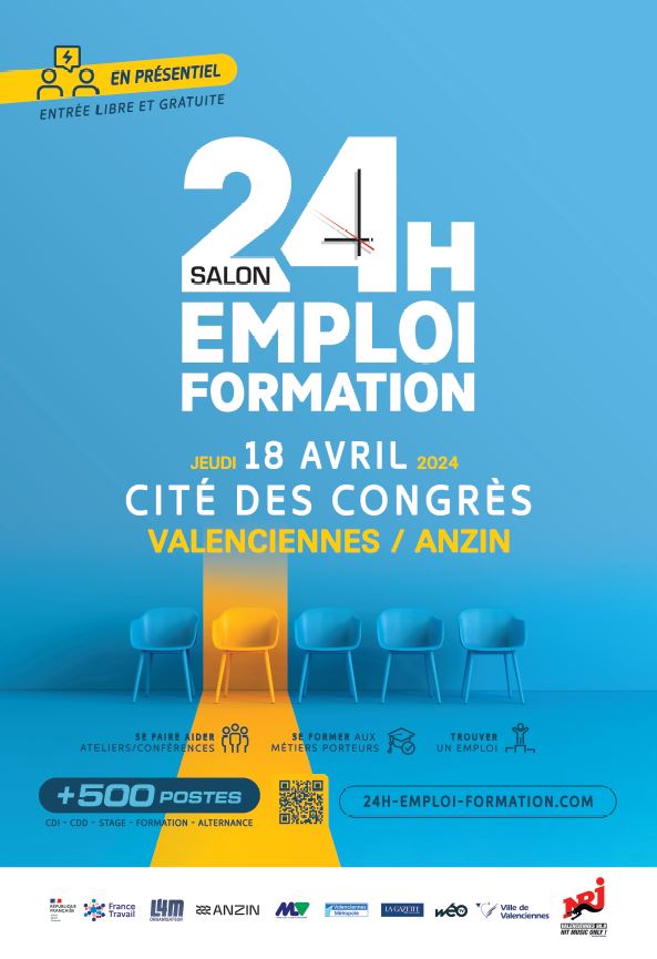 [24H POUR L’EMPLOI] L’édition 2024 des « 24 heures pour l’Emploi et la Formation » se tiendra le jeudi 18 avril 2024 de 10h à 17h à la Cité des Congrès Valenciennes
👉Au programme :
▶️ Une quarantaine de structures (entreprises et centres de formation) seront présentes sur le salon afin de rencontrer les chercheurs d’emplois, de stages et/ou de formations.

▶️ Plusieurs secteurs d’activités seront représentés lors de cet événement gratuit et ouvert à tous. Au total, des centaines de postes seront à pourvoir, tous types de contrats confondus (CDI, CDD, stage, alternance, intérim…).

ℹ Infos et inscriptions 👉 https://24h-emploi-formation.com/valenciennes-anzin-2024#/