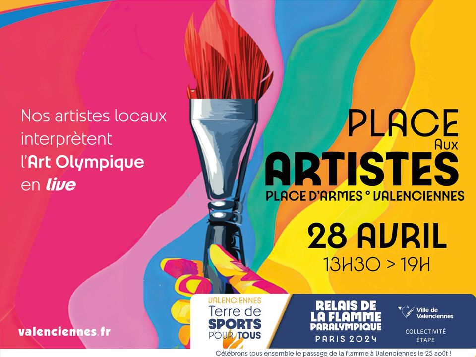 [🖌🖌AGENDA🖌🖌] Pour sa 2ème édition, l’événement « place aux artistes » est de retour sur la place d’Armes le dimanche 28 avril de 13h30 à 19h 🤩
🖌🖌 Une vingtaine d’artistes locaux de générations et de styles variés vous proposeront leur vision inédite, sensible et populaire du sport, du handisport et des valeurs de l’olympisme.
ℹ️ Toute la programmation « Valenciennes, vous déclare sa flamme🔥 » :
👉 https://terredesports.valenciennes.fr
👉 Lien de l’événement : https://fb.me/e/4xsJBPcku
#relaisdelaflammeparalympique #valenciennesterredesportspourtous #Paris2024 #jeuxolympiques #jeuxolympiques2024 #JeuxParalympiques 
👉 Lien de l’événement « place aux artistes » : https://fb.me/e/3vdFewFQu