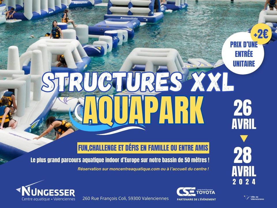 [AQUAPARK] Inédit dans votre Centre aquatique Nungesser, les structures XXL débarquent, les 26, 27 et 28 avril, 
🔵 Au programme 👉 un maximum de fun, de défis et surtout d’amusement en famille ou entre amis !
🔵 Réservez dès maintenant votre billet 👉 https://moncentreaquatique.com/module-inscriptions/reserver/
(possibilité d’acheter votre billet le jour -J directement à l’accueil du centre).
🔵 Lien de l’événement 👉 https://fb.me/e/76b9jfaTu
ℹ️ Toute la programmation « Valenciennes, vous déclare sa flamme🔥 » :
👉 https://terredesports.valenciennes.fr
👉 Lien de l’événement : https://fb.me/e/4xsJBPcku
#relaisdelaflammeparalympique #valenciennesterredesportspourtous  #Paris2024 #jeuxolympiques
#jeuxolympiques2024 #JeuxParalympiques #jeuxparalympiques2024