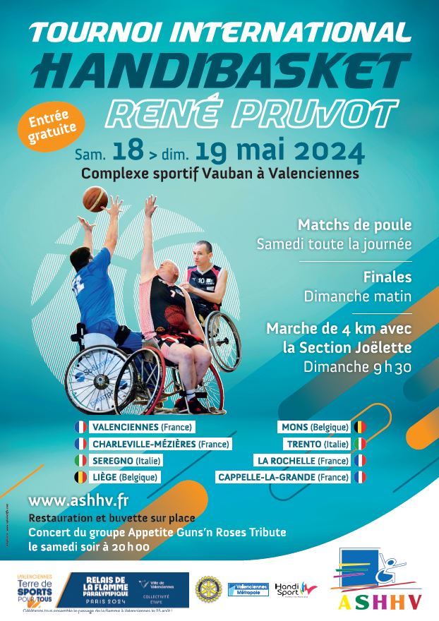 [🔥👨‍🦽🏀TOURNOI] L’ ASHHV – Handisport de Valenciennes, fête ses 50 ans ! Pour l’occasion, l’association organise une édition exceptionnelle du tournoi international Handibasket « René Pruvot » les 18 et 19 mai prochain.
👉 RDV au complexe sportif Vauban
🏀 Samedi – toute la journée – matchs de poule 
🏀 Samedi – 20h – concert du groupe Appetite – Guns n’ Roses Tribute band 
🏀 Dimanche – matin – finale
🏀 Dimanche – 9h30 – marche de 4km avec la section joëlette
ℹ www.ashhv.fr 
▶️ Lien de l’événement : https://fb.me/e/gF1x2RtXy

ℹ️ Programmation « Valenciennes, vous déclare sa flamme🔥 » :
👉 https://terredesports.valenciennes.fr
👉 Lien de l’événement : https://fb.me/e/4xsJBPcku
#relaisdelaflammeparalympique #valenciennesterredesportspourtous #Paris2024 #jeuxolympiques #jeuxolympiques2024 #JeuxParalympiques
