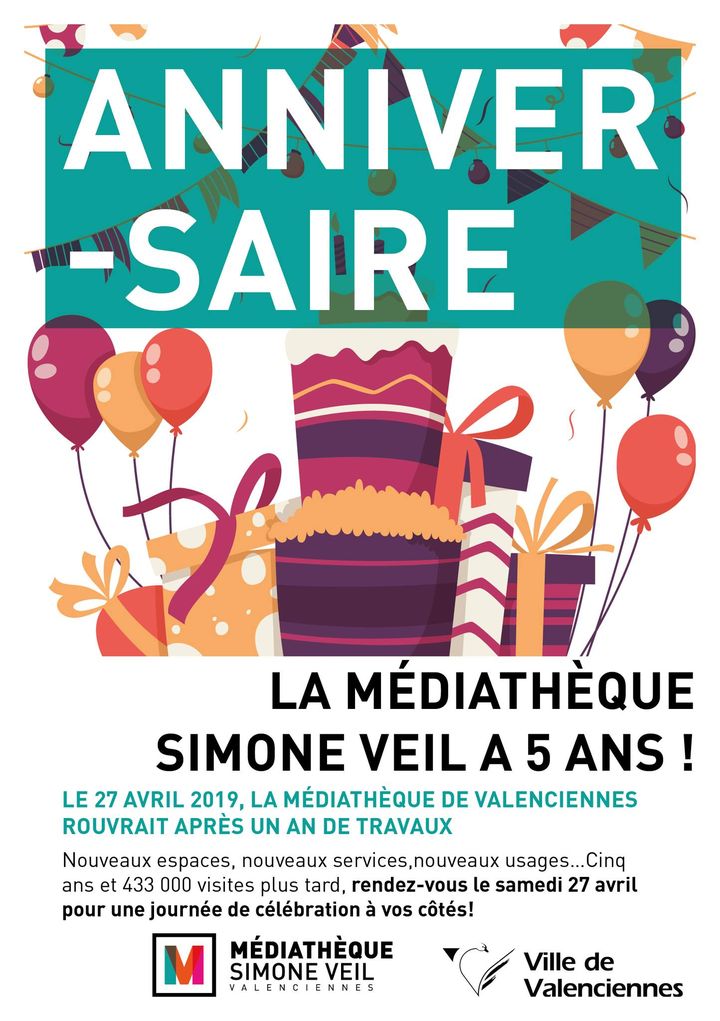 [🎂🎈VOTRE RENDEZ-VOUS🎂🎈] Venez fêter l’anniversaire de la Médiathèque Simone Veil – Valenciennes🥳
🎈Pour les 5 ans de sa réouverture, la médiathèque est ouverte samedi 27 avril toute la journée !  
🎈Participez à de nombreuses activités ouvertes à toutes et à tous, de 10h à 18h : maquillages, ballons, stand photos, séance d’écriture… et bien sûr dégustation de gâteau(x) 🎂😋
ℹ Consultez le programme en image 👇 ou via le réseau Myriade 👉 https://myriade.valenciennes-metropole.fr/