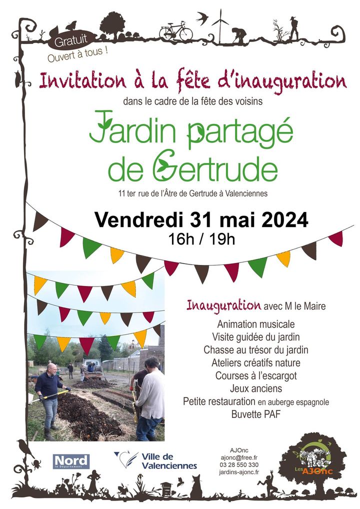 [🌿🌱INAUGURATION🌿🌱] Vous êtes invités à l’inauguration du 𝗷𝗮𝗿𝗱𝗶𝗻 𝗽𝗮𝗿𝘁𝗮𝗴𝗲́ 𝗱𝗲 𝗚𝗲𝗿𝘁𝗿𝘂𝗱𝗲, vendredi 31 mai de 16h à 19h
C’est gratuit 🆓 et ouvert à tous !
👉Au programme :
🔸animation musicale
🔸visite guidée du jardin
🔸chasse au trésor du jardin
🔸ateliers créatifs nature
🔸courses à l’escargot
🔸jeux anciens
Ils vous attendent nombreux !🤩
ℹ + d’infos : 
👉 Lien de l’événement : https://www.facebook.com/events/7932663163424430/