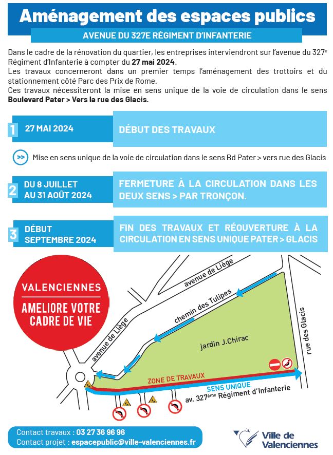 [🚧INFO🚧] Dans le cadre de la rénovation du quartier, 𝗹𝗲𝘀 𝗲𝗻𝘁𝗿𝗲𝗽𝗿𝗶𝘀𝗲𝘀 𝗶𝗻𝘁𝗲𝗿𝘃𝗶𝗲𝗻𝗱𝗿𝗼𝗻𝘁 𝘀𝘂𝗿 𝗹’𝗮𝘃𝗲𝗻𝘂𝗲 𝗱𝘂 𝟯𝟮𝟳𝗲̀𝗺𝗲 𝗥𝗲́𝗴𝗶𝗺𝗲𝗻𝘁 𝗱’𝗜𝗻𝗳𝗮𝗻𝘁𝗲𝗿𝗶𝗲 𝗮̀ 𝗰𝗼𝗺𝗽𝘁𝗲𝗿 𝗱𝘂 𝗹𝘂𝗻𝗱𝗶 𝟮𝟳 𝗺𝗮𝗶 𝟮𝟬𝟮𝟰.
🚧 Les travaux concerneront dans un premier temps l’aménagement des trottoirs et du stationnement côté jardin Jacques Chirac, parc des prix de Rome.
🚧 Ces travaux nécessiteront la mise en sens unique de la voie de circulation dans le sens Boulevard Pater > Vers la rue des Glacis.