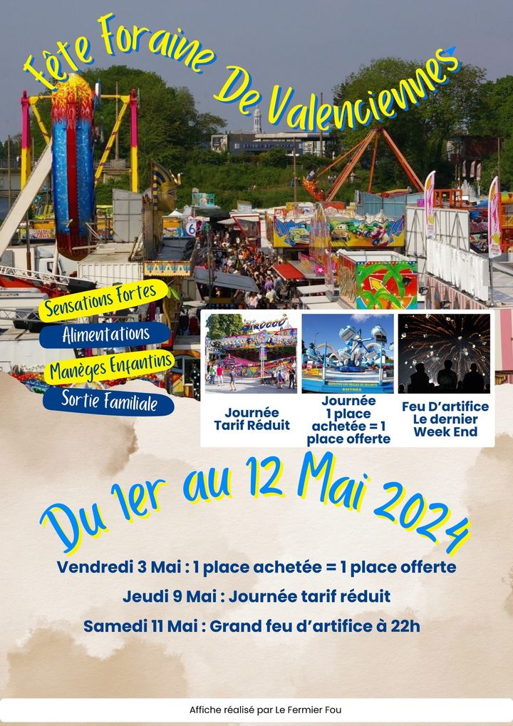 [🎡INFO🎡] La Foire aux manèges de Valenciennes page officiel prend place du 1er au 12 mai au parking Lacuzon🤩🎡
ℹ️ 
▶️ Vendredi 3 mai, retour de l’opération 1 ticket acheté / 1 ticket offert, proposée par les forains. 
▶️ Jeudi 9 mai, journée tarif réduit
▶️ Samedi 11 mai, feu d’artifice à 22h
+ d’infos 👉 Foire aux manèges de Valenciennes page officiel