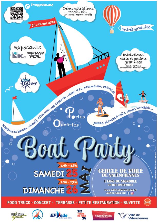 [⛵️⛵️INFOS⛵️⛵️] Le Cercle de voile de Valenciennes vous propose de découvrir leur lieu de vie en participant aux portes ouvertes le samedi 25 mai de 14h à 18h et le dimanche 26 mai de 10h à 17h.
🔸 Au programme:
👉 Initiation à la voile et au paddle gratuites
👉 Démonstration de wingfoil et de efoil
👉 Découverte de la voile radiocommandée
👉 Concert
👉 Places pour un tour de montgolfières à gagner grâce à la tombola
🍽️ petites restaurations sur place.
⛵️⛵️ Ils vous attendent nombreux ! 😉
ℹ + d’infos :
🔸 sur leur site internet : https://www.voile-valenciennes.fr/index.php/journees-portes-ouvertes-2024/
🔸 le lien de l’événement : https://www.facebook.com/events/439348222019263/
🔸 leur page Facebook : Cercle de voile de Valenciennes