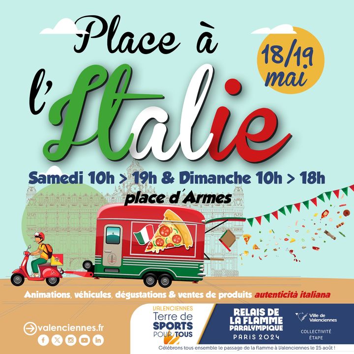 𝙈𝙖𝙢𝙖𝙢𝙞𝙖, l’Italie s’invite sur la place les 18 et 19 mai !
💚🤍❤️💚🤍❤️💚🤍❤️💚🤍❤️
🔺 Au programme :
💚 Dégustation et vente de mets italiens : Huile d’olive sicilienne 🫒 , confitures sicilienne, amandes sicilienne, huiliers en céramique, glace 🍦, vin, pizzas portafoglio, pannuozo, antipasto, … 
caciopepe_trattoria – Arancini Bellini – Café case – Sapori d’Italia – Queen Bufala – Da Melo
🤍 Les associations : Les Enfants de Ledoux – Condé sur l’Escaut – Cirolo Valguarnera – Amitié franco Italienne – les belles Italiennes du Hainaut, … seront présentes 😉
❤️ Les animations : Gondoliers Vénitiens, DjFrancesco et le trio Cantanema
ℹ️ + d’infos 
👉 Voici le lien de l’événement 👉 https://fb.me/e/3z6jJGctr
👉 https://www.valenciennes.fr/agenda/place-a-litalie/