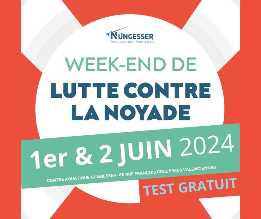[🩲🩱🏊‍♂️LUTTE CONTRE LA NOYADE🩲🩱🏊‍♂️] Le Centre aquatique Nungesser de Valenciennes organise les 1er et 2 juin, un week-end de lutte contre la noyade.
🔹 le but est d’informer et de sensibiliser aux risques de noyades auprès des familles !
🔹 avant l’été, assurez-vous du niveau de natation de vos enfants et participez à des tests* de niveau gratuits durant le week-end du 1er et 2 juin, de 14h à 16h. 
*𝘛𝘦𝘴𝘵 𝘨𝘳𝘢𝘵𝘶𝘪𝘵 𝘦𝘵 𝘴𝘢𝘯𝘴 𝘪𝘯𝘴𝘤𝘳𝘪𝘱𝘵𝘪𝘰𝘯, 𝘱𝘰𝘶𝘳 𝘭𝘦𝘴 𝘦𝘯𝘧𝘢𝘯𝘵𝘴 𝘢 𝘱𝘢𝘳𝘵𝘪𝘳 𝘥𝘦 5 𝘢𝘯𝘴. 𝘋𝘪𝘱𝘭𝘰𝘮𝘦 𝘳𝘦𝘮𝘪𝘴 𝘴𝘶𝘳 𝘭𝘢 𝘱𝘳𝘦𝘴𝘦𝘯𝘵𝘢𝘵𝘪𝘰𝘯 𝘥’𝘶𝘯 𝘥𝘰𝘤𝘶𝘮𝘦𝘯𝘵 𝘥’𝘪𝘥𝘦𝘯𝘵𝘪𝘵𝘦 !
ℹ + d’infos sur la page Facebook du centre aquatique 👉 Centre aquatique Nungesser