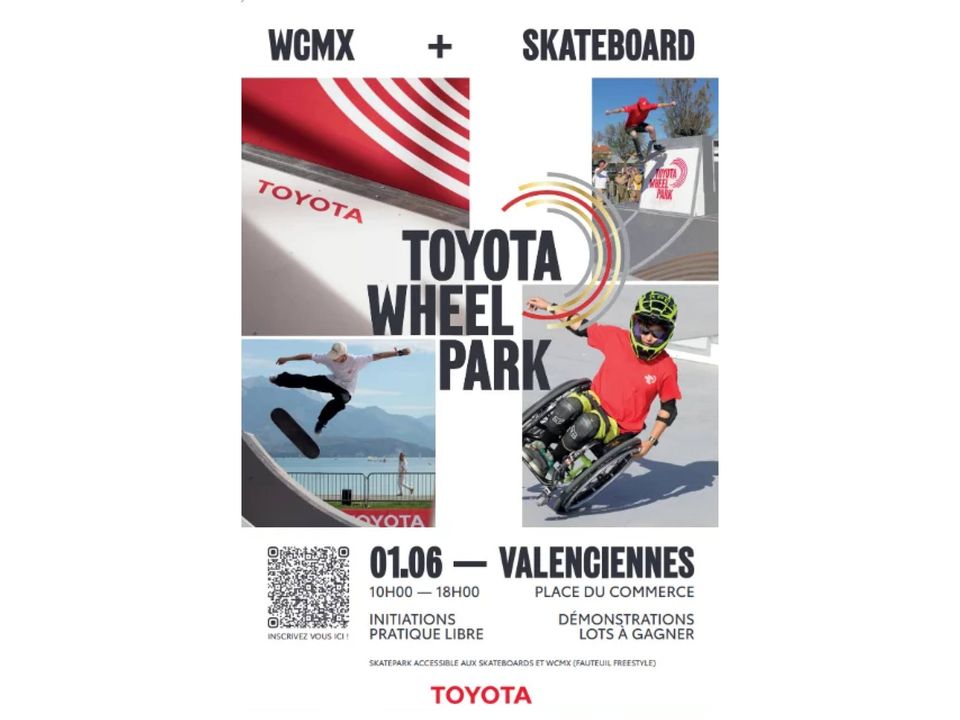 [🛹RDV🛹] Bonne nouvelle pour les amateurs de sports de glisse ! Le Toyota Wheel Park arrive à Valenciennes le samedi 1er juin de 10h à 18h sur la place du Commerce !
🔸 Ce skatepark itinérant et inclusif poursuit sa tournée à travers la France pour offrir des sessions d’initiations gratuites de skateboards et de WCMX (fauteuil freestyle) pour petits et grands !
👉Au programme : initiations, démonstrations, bonne ambiance et de nombreux lots à gagner !
Pour s’inscrire, c’est ici 👉 https://www.toyota.fr/decouvrez-toyota/start-your-impossible/partenaire-paris-2024/wheelpark#formulaire 
👉Lien de l’événement : https://www.facebook.com/events/266366029832461/

ℹ️ Programmation « Valenciennes, vous déclare sa flamme🔥 » :
👉 https://terredesports.valenciennes.fr
#relaisdelaflammeparalympique #valenciennesterredesportspourtous #Paris2024 #jeuxolympiques #jeuxolympiques2024 #JeuxParalympiques #ToyotaWheelPark #TWP #ToyotaFrance #teamtoyotafrance