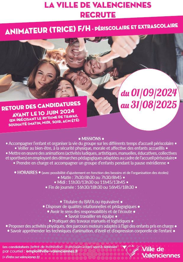 TU CHERCHES UN JOB POUR LA RENTRÉE SCOLAIRE 2024/2025🤔 ? La Ville de Valenciennes recrute 
ℹ️ Tu as jusqu’au 10 juin 2024 pour déposer ta candidature, n’oublie pas de préciser le rythme de travail que tu souhaites.
+ d’infos 👇
https://www.valenciennes.fr/vie-municipale/vos-services-municipaux/la-mairie-recrute/