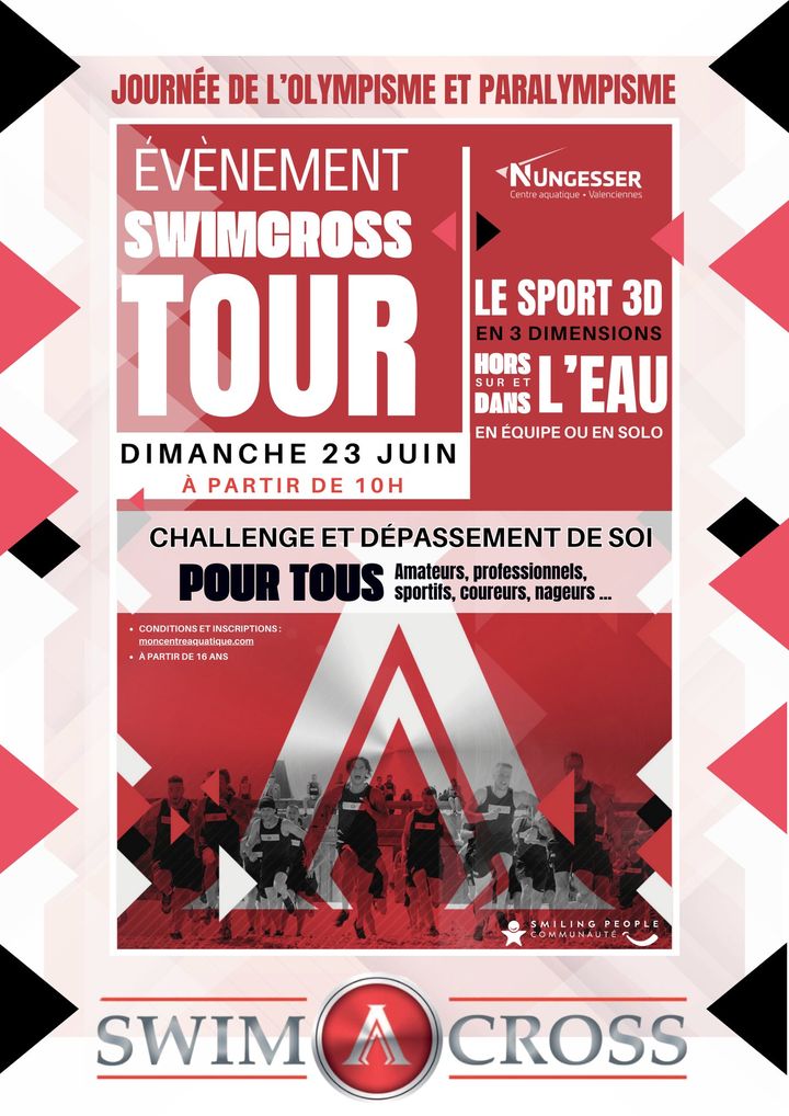 [RDV] Dimanche 23 juin 2024, rejoignez le Centre aquatique Nungesser pour une matinée 100% dédiée au sport ! Et ainsi découvrir 🏊‍♂️ le SWIMCROSS TOUR 💪, une discipline innovante qui combine des exercices sur et dans l’eau. 
👉 Ce sport 3D unique en son genre est accessible à tous, que vous soyez débutant ou expert. 
👉 Préparez-vous à relever des défis 💪 amusants et stimulants dans une ambiance conviviale et motivante ! 
ℹ️ Inscription sur : https://moncentreaquatique.com/module-inscriptions/?centre=91 ⚠️ Les places sont limitées (14€ abonnés et 19€ non-abonnés)
Ils vous attendent nombreux pour relever le défi 😉