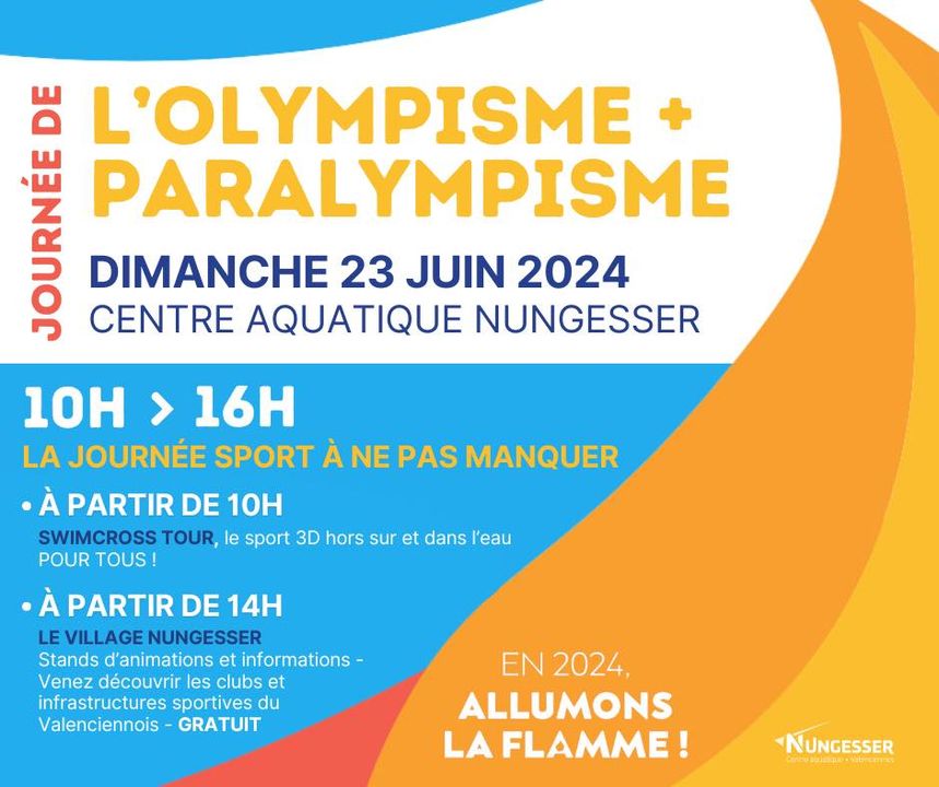 [🏊🏼‍♂️🏊🏼‍♂️RDV 🏊🏼‍♂️🏊🏼‍♂️] le Centre aquatique Nungesser vous donne RDV dimanche 23 juin, pour célébrer la journée de l’#olympisme et du #paralympisme ! 🏊🏼‍♂️🏆
👉Au programme : 
🔹 LE SWIMCROSS TOUR 💪
Inscription ici 👉 https://moncentreaquatique.com/module-inscriptions/reserver/
🔹 Le village Nungesser  
À partir de 14h, venez à la rencontre des clubs sportifs du valenciennois ! – L’accès est gratuit 
Le Centre aquatique Nungesser vous attend nombreux !

#relaisdelaflammeparalympique #valenciennesterredesportspourtous
#Paris2024  #jeuxolympiques #jeuxolympiques2024 #JeuxParalympiques