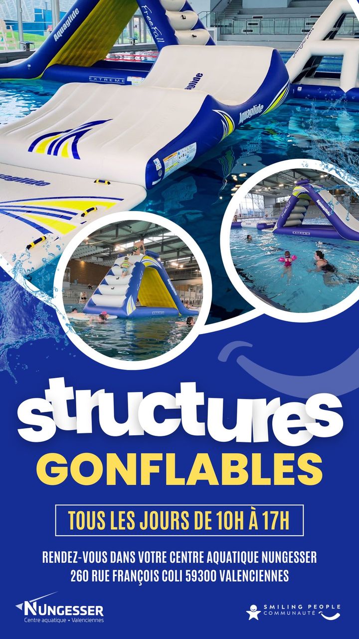 [💦🏊‍♀️INFO 🩱💦] Cet été, venez profiter des structures gonflables du Centre aquatique Nungesser  ! 
👉 Venez vous amuser en famille ou entre amis tous les jours en juillet et août de 10h à 17h. Au programme : des glissades, des courses et de beaucoup de fun ! 😍
👉 Venez vous éclater cet été, au Centre aquatique Nungesser 💦