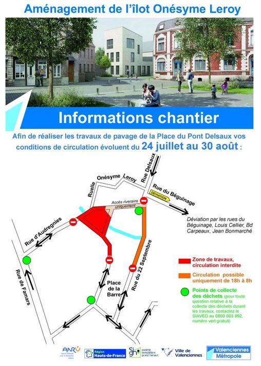🚧[INFO TRAVAUX]🚧Afin de réaliser les travaux de pavage de la Place du Pont Delsaux dans le cadre de l’aménagement de l’îlot Onésyme Leroy, des modifications impactant la circulation sont à prévoir du mercredi 24 juillet au vendredi 30 août. Des déviations seront mises en place. + d’infos 👇 https://www.valenciennes-metropole.fr/actualite/infos-travaux-place-du-pont-delsaux-a-valenciennes/