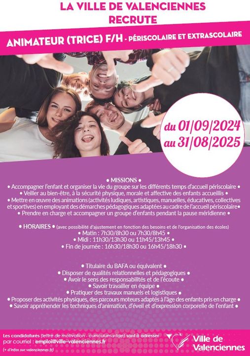 TU CHERCHES UN JOB POUR LA RENTRÉE SCOLAIRE 2024/2025🤔 ? La Ville de Valenciennes recrute 
ℹ️ N’oublie pas de préciser le rythme de travail que tu souhaites.
+ d’infos 👇 https://www.valenciennes.fr/vie-municipale/vos-services-municipaux/la-mairie-recrute/