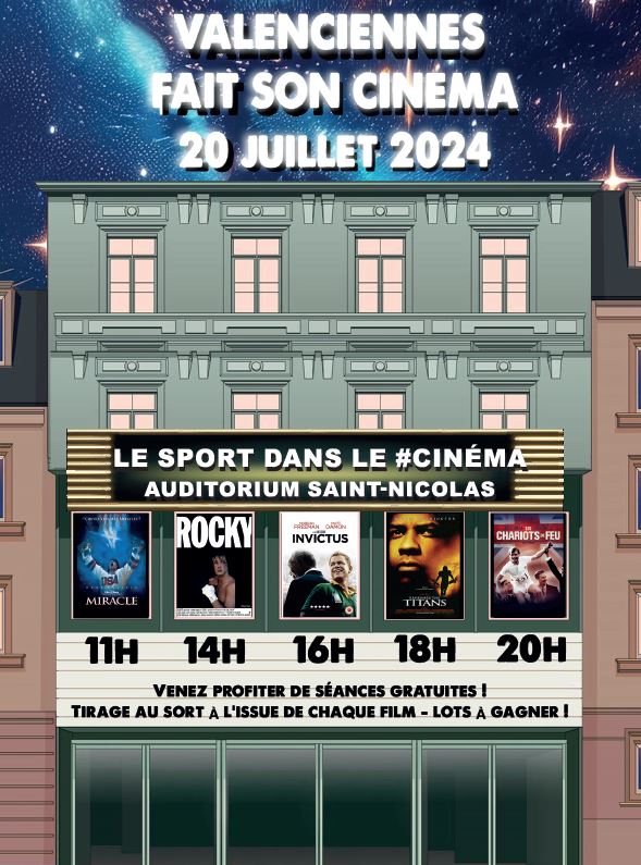 [🎬 Valenciennes fait son cinéma ! 🎬 ] RDV demain à l’Auditorium Saint Nicolas, 𝘂𝗻𝗲 𝗷𝗼𝘂𝗿𝗻𝗲́𝗲 𝗲𝗻𝘁𝗶𝗲̀𝗿𝗲 𝗲𝘀𝘁 𝗱𝗲́𝗱𝗶𝗲́𝗲 𝗮𝘂 𝗰𝗶𝗻𝗲́𝗺𝗮 dans un lieu d’exception !
👉 𝑉𝑒𝑛𝑒𝑧 𝑝𝑟𝑜𝑓𝑖𝑡𝑒𝑟 𝑑𝑒 𝑠𝑒́𝑎𝑛𝑐𝑒𝑠 𝑔𝑟𝑎𝑡𝑢𝑖𝑡𝑒𝑠 !
11h : « Miracle » (2004)
14h : « Rocky » (1976)
16h : « Invictus » (2009)
18h : « En souvenir des Titans » (2000)
20h : « Les Chariots du Feu » (1981)
