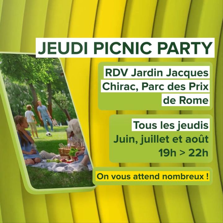 [🥙🥗JEUDI PICNIC🌭🌮] RDV ce soir au jardin Jacques Chirac, parc des prix de Rome. 
🌮🥙 𝗣𝗼𝘂𝗿 𝘃𝗼𝘁𝗿𝗲 « 𝗝𝗘𝗨𝗗𝗜 𝗣𝗜𝗖𝗡𝗜𝗖 » avec Inspiration Kizomba 💃
🌮🥙 Si vous n’avez pas le temps d’emporter votre pique-nique pas de problème, un Food truck 🍟🍔 sera sur place pour vous régaler 😉