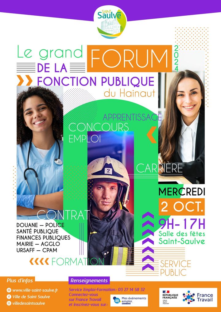 [INFO] A l’occasion du grand 𝗙𝗼𝗿𝘂𝗺 𝗱𝗲 𝗹𝗮 𝗳𝗼𝗻𝗰𝘁𝗶𝗼𝗻 𝗽𝘂𝗯𝗹𝗶𝗾𝘂𝗲 𝗱𝘂 𝗛𝗮𝗶𝗻𝗮𝘂𝘁 𝗾𝘂𝗶 𝘀𝗲 𝗱𝗲́𝗿𝗼𝘂𝗹𝗲𝗿𝗮 𝗹𝗲 𝟮 𝗼𝗰𝘁𝗼𝗯𝗿𝗲, la ville de Valenciennes et Valenciennes Métropole seront présentes et pourront répondre à vos questions ❓concernant la fonction publique territoriale et vous présenteront des offres à pourvoir.
📆 RDV le mercredi 2 octobre 
📆 salle des fêtes de Saint-Saulve
📆 de 9h à 17h 
ℹ + d’infos 👉 https://www.valenciennes.fr/agenda/grand-forum-de-la-fonction-publique-du-hainaut/