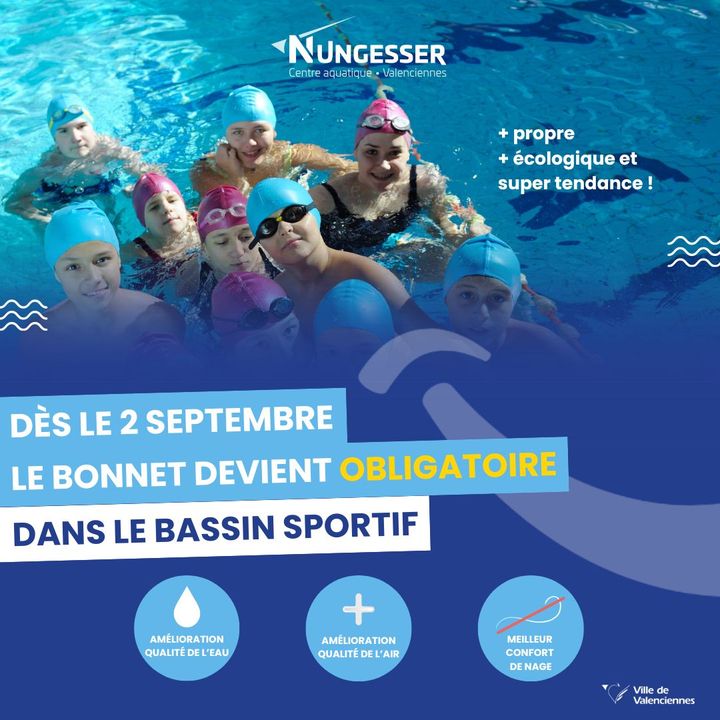 [INFO] Dès aujourd’hui, nouveau dress code au Centre aquatique Nungesser, en tissu, en silicone ou en latex, l’accessoire de la rentrée au Centre aquatique Nungesser sera le bonnet de bain 🏊‍♀️! 👉 Il sera obligatoire dans le bassin sportif UNIQUEMENT ! 
ℹ️ + d’infos 👇