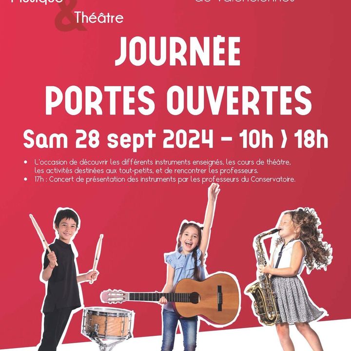 [JOURNÉE PORTES OUVERTES🎼🎭] Le Conservatoire de Valenciennes vous invite à sa 𝗷𝗼𝘂𝗿𝗻𝗲́𝗲 𝗽𝗼𝗿𝘁𝗲𝘀 𝗼𝘂𝘃𝗲𝗿𝘁𝗲𝘀 𝗰𝗲 𝘀𝗮𝗺𝗲𝗱𝗶 𝟮𝟴 𝘀𝗲𝗽𝘁𝗲𝗺𝗯𝗿𝗲 de 10h à 18h.
👉 𝘊’𝘦𝘴𝘵 𝘭’𝘰𝘤𝘤𝘢𝘴𝘪𝘰𝘯 𝘥𝘦 𝘥𝘦́𝘤𝘰𝘶𝘷𝘳𝘪𝘳 𝘭𝘦𝘴 𝘥𝘪𝘧𝘧𝘦́𝘳𝘦𝘯𝘵𝘴 𝘪𝘯𝘴𝘵𝘳𝘶𝘮𝘦𝘯𝘵𝘴 𝘦𝘯𝘴𝘦𝘪𝘨𝘯𝘦́𝘴, 𝘭𝘦𝘴 𝘤𝘰𝘶𝘳𝘴 𝘥𝘦 𝘵𝘩𝘦́𝘢̂𝘵𝘳𝘦, 𝘭𝘦𝘴 𝘢𝘤𝘵𝘪𝘷𝘪𝘵𝘦́𝘴 𝘥𝘦𝘴𝘵𝘪𝘯𝘦́𝘦𝘴 𝘢𝘶𝘹 𝘵𝘰𝘶𝘵-𝘱𝘦𝘵𝘪𝘵𝘴, 𝘦𝘵 𝘥𝘦 𝘳𝘦𝘯𝘤𝘰𝘯𝘵𝘳𝘦𝘳 𝘭𝘦𝘴 𝘱𝘳𝘰𝘧𝘦𝘴𝘴𝘦𝘶𝘳𝘴.
👉 17h : CONCERT de présentation des instruments par les professeurs du Conservatoire.
ℹ Renseignements : 03 27 22 57 30 – conservatoire@ville-valenciennes.fr
🔸Ils vous attendent nombreux🔸😉
👇 programmation de la journée 👇