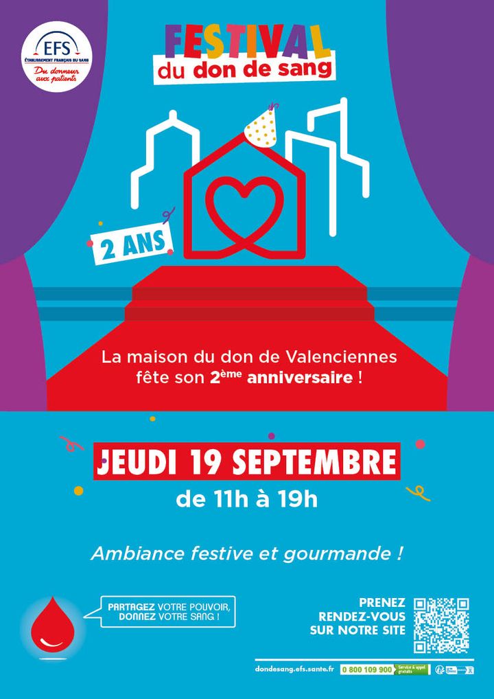 [MAISON DU DON] 𝟮 𝗮𝗻𝘀 𝗱𝗲 𝗱𝗼𝗻𝘀, 𝟭 𝗷𝗼𝘂𝗿 𝗱𝗲 𝗳𝗲̂𝘁𝗲 ! 𝗟𝗮 𝗺𝗮𝗶𝘀𝗼𝗻 𝗱𝘂 𝗱𝗼𝗻 𝗱𝗲 𝗩𝗮𝗹𝗲𝗻𝗰𝗶𝗲𝗻𝗻𝗲𝘀 𝘃𝗼𝘂𝘀 𝗶𝗻𝘃𝗶𝘁𝗲 𝗮̀ 𝗰𝗲́𝗹𝗲́𝗯𝗿𝗲𝗿 𝘀𝗲𝘀 𝗱𝗲𝘂𝘅 𝗮𝗻𝘀 𝗱’𝗲𝘅𝗶𝘀𝘁𝗲𝗻𝗰𝗲 𝗹𝗲 𝗷𝗲𝘂𝗱𝗶 𝟭𝟵 𝘀𝗲𝗽𝘁𝗲𝗺𝗯𝗿𝗲.
L’équipe de la Maison du don s’apprête à vous recevoir, jeudi 19 septembre de 11h à 19h, dans une ambiance de festival. 
▶️ 𝗔𝘂 𝗽𝗿𝗼𝗴𝗿𝗮𝗺𝗺𝗲 : tapis rouge, défilés de miss et mister, animations musicales et bien d’autres surprises. 
𝘗𝘰𝘶𝘳 𝘭𝘦𝘴 𝘥𝘰𝘯𝘯𝘦𝘶𝘳𝘴, 𝘤’𝘦𝘴𝘵 𝘭’𝘰𝘤𝘤𝘢𝘴𝘪𝘰𝘯 𝘥’𝘦̂𝘵𝘳𝘦 𝘮𝘪𝘴 𝘢̀ 𝘭’𝘩𝘰𝘯𝘯𝘦𝘶𝘳 𝘦𝘵 𝘥𝘦 𝘱𝘢𝘳𝘵𝘢𝘨𝘦𝘳 𝘶𝘯 𝘮𝘰𝘮𝘦𝘯𝘵 𝘤𝘰𝘯𝘷𝘪𝘷𝘪𝘢𝘭 ! 𝘌𝘵 𝘱𝘰𝘶𝘳 𝘭𝘦𝘴 🆕𝘥𝘰𝘯𝘯𝘦𝘶𝘳𝘴, 𝘥𝘦 𝘧𝘳𝘢𝘯𝘤𝘩𝘪𝘳 𝘭𝘦 𝘱𝘢𝘴 𝘦𝘵 𝘥𝘦 𝘥𝘦́𝘤𝘰𝘶𝘷𝘳𝘪𝘳 𝘭’𝘪𝘮𝘱𝘰𝘳𝘵𝘢𝘯𝘤𝘦 𝘥𝘶 𝘥𝘰𝘯 𝘥𝘦 𝘴𝘢𝘯𝘨 𝘰𝘶 𝘥𝘦 𝘱𝘭𝘢𝘴𝘮𝘢 𝘥𝘢𝘯𝘴 𝘶𝘯𝘦 𝘢𝘵𝘮𝘰𝘴𝘱𝘩𝘦̀𝘳𝘦 𝘤𝘩𝘢𝘭𝘦𝘶𝘳𝘦𝘶𝘴𝘦 𝘦𝘵 𝘧𝘦𝘴𝘵𝘪𝘷𝘦.
👉𝗜𝗹𝘀 𝘃𝗼𝘂𝘀 𝗮𝘁𝘁𝗲𝗻𝗱𝗲𝗻𝘁 𝗻𝗼𝗺𝗯𝗿𝗲𝘂𝘅 !