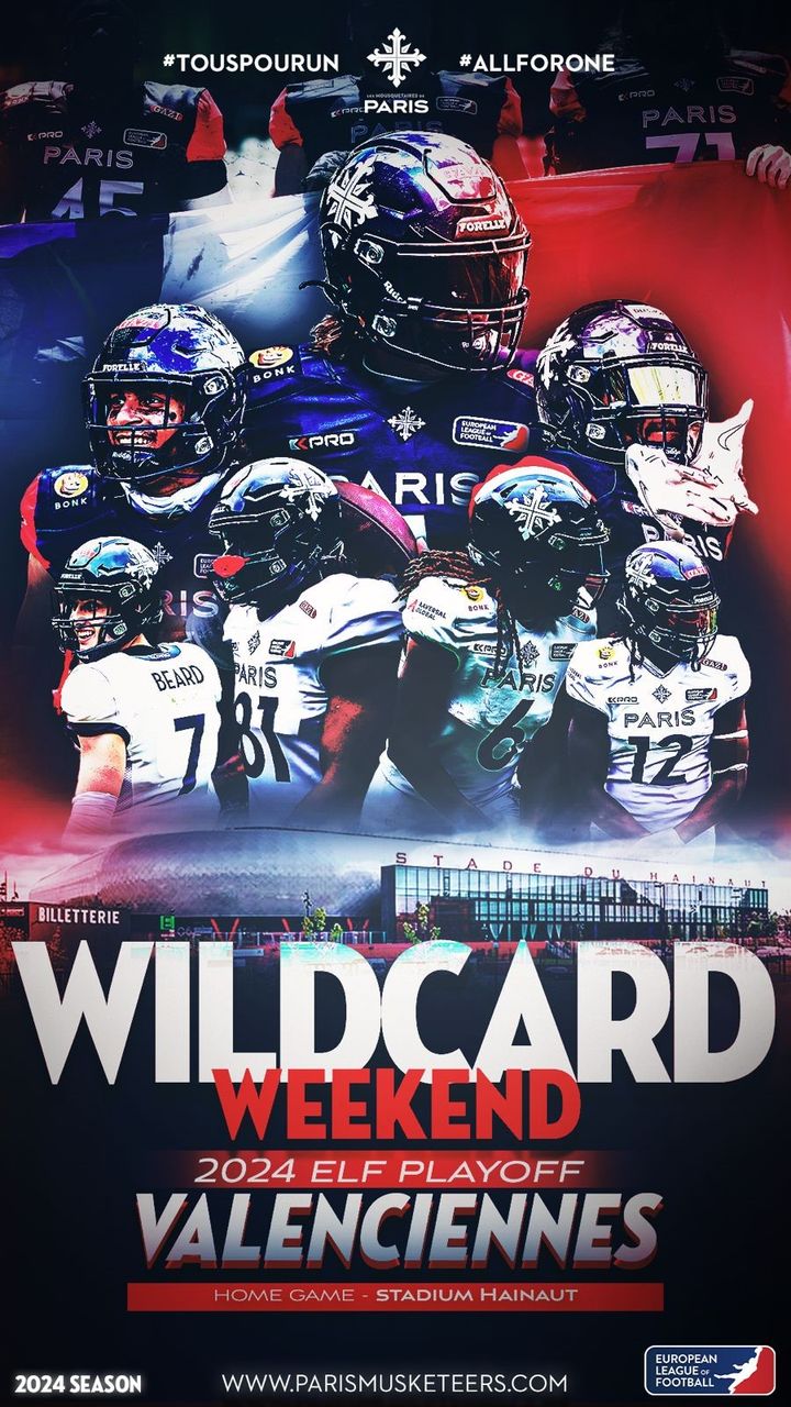 [🏈🏈] RDV samedi 31 août au stade du Hainaut ! 
🏈 Avez-vous vos places pour assister à la rencontre entre Les Musketeers Paris Football Team et les Munich Ravens Football lors de leur 1er match des playoffs de l’ELF, la Ligue Européenne de Football Américain. 
ℹ Coup d’envoi (ou kickoff en version originale) à 15h15. 
Les billets sont encore disponibles à l’achat en suivant ce lien 👉 https://bit.ly/3MmyqdZ