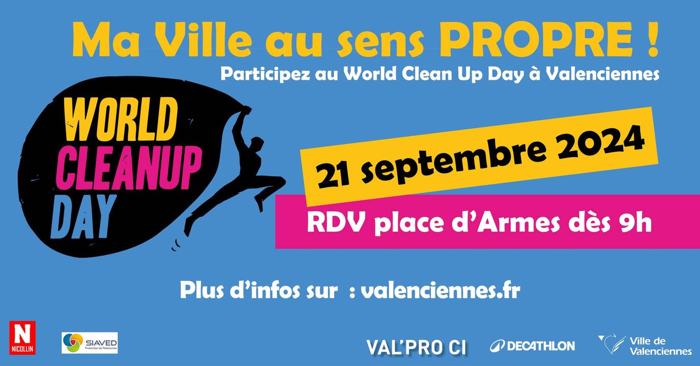 [WORLD CLEANUP DAY] 𝗥𝗗𝗩 𝗰𝗲 𝘀𝗮𝗺𝗲𝗱𝗶 𝗮̀ 𝟵𝗵 𝘀𝘂𝗿 𝗹𝗮 𝗽𝗹𝗮𝗰𝗲 𝗱’𝗔𝗿𝗺𝗲𝘀 pour une journée dynamique et conviviale.
ℹ + d’infos sur cet événement 
👉https://www.valenciennes.fr/agenda/world-clean-up-day/
👉lien de l’événement : https://fb.me/e/4F25W2EYX

Decathlon Aulnoy-Lez-Valenciennes – Val Pro Ci – SIAVED – Nicollin Hauts-de-France