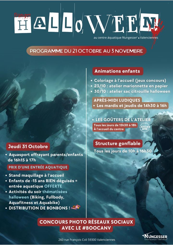 [🎃👻 BOUH 🎃👻] Le Centre aquatique Nungesser vous propose un programme effrayant pour les vacances d’octobre ! 👻🎃 RDV dès aujourd’hui et jusqu’au 3 novembre ! 🕷️🧛‍♂️
ℹ Programmation complète 👇