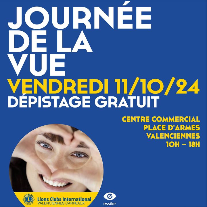 [🤓 INFO #journeemondialedelavision 👁] Le Lions Club Valenciennes Carpeaux organise une journée de dépistage des troubles de la vue, vendredi 11 octobre au Centre Place d’Armes.
Installés par les laboratoires, épaulés par des opticiens, orthoptistes, cinq à six appareils de haute précision permettront de déceler toutes les anomalies de mesure de vision. 
ℹ Le diagnostic est gratuit 🆓. 𝘐𝘭 𝘯𝘦 𝘴𝘦𝘳𝘢 𝘥𝘦́𝘭𝘪𝘷𝘳𝘦́ 𝘢𝘶𝘤𝘶𝘯𝘦 𝘰𝘳𝘥𝘰𝘯𝘯𝘢𝘯𝘤𝘦.