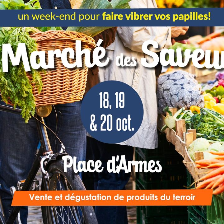 [😋🧀J-3🍫😋] L’arrivée du marché des saveurs approche ! 🤩
▶️RDV du 18 au 20 octobre pour faire vibrer vos papilles😋.
Au programme, une trentaine de stands seront installés sur la place d’Armes, vous pourrez ainsi découvrir les produits de nos régions : dégustations, animations, ventes,… 
ℹ + d’infos : https://fb.me/e/CtRBu5NZc