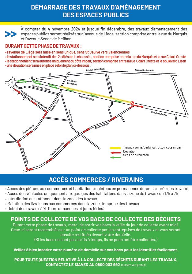 [🚧 INFO TRAVAUX 🚧] 𝗟𝗮 𝗿𝗲𝗾𝘂𝗮𝗹𝗶𝗳𝗶𝗰𝗮𝘁𝗶𝗼𝗻 𝗱𝘂 𝗾𝘂𝗮𝗿𝘁𝗶𝗲𝗿 𝗱𝗲 𝗹’𝗮𝘃𝗲𝗻𝘂𝗲 𝗱𝗲 𝗟𝗶𝗲̀𝗴𝗲 𝘀𝗲 𝗽𝗼𝘂𝗿𝘀𝘂𝗶𝘁 !
🔸 Jusque fin décembre, des travaux d’aménagement des espaces publics seront réalisés entre la rue du Marquis et l’avenue Sénac de Meilhan
ℹ + d’infos concernant le stationnement, la circulation, l’accès aux commerces, les points de collecte des bacs à ordures ménagères 👇
