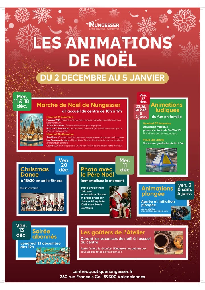 [ Centre aquatique Nungesser ] 🎄 𝗩𝗲𝗻𝗲𝘇 𝘃𝗶𝘃𝗿𝗲 𝗱𝗲𝘀 𝗺𝗼𝗺𝗲𝗻𝘁𝘀 𝗺𝗮𝗴𝗶𝗾𝘂𝗲𝘀 𝗮𝘂 𝗖𝗲𝗻𝘁𝗿𝗲 𝗔𝗾𝘂𝗮𝘁𝗶𝗾𝘂𝗲 𝗡𝘂𝗻𝗴𝗲𝘀𝘀𝗲𝗿 ! 🎅✨
🗓 RDV vendredi 27 décembre pour un Aquasport spécial parents/enfants de 16h15 à 17h ! Profitez-en au tarif d’une simple entrée aquatique ! 💦

🎉 Structures gonflables : Amusement garanti tous les jours, de 9h à 16h !
ℹ + d’infos : centreaquatiquenungesser.fr
