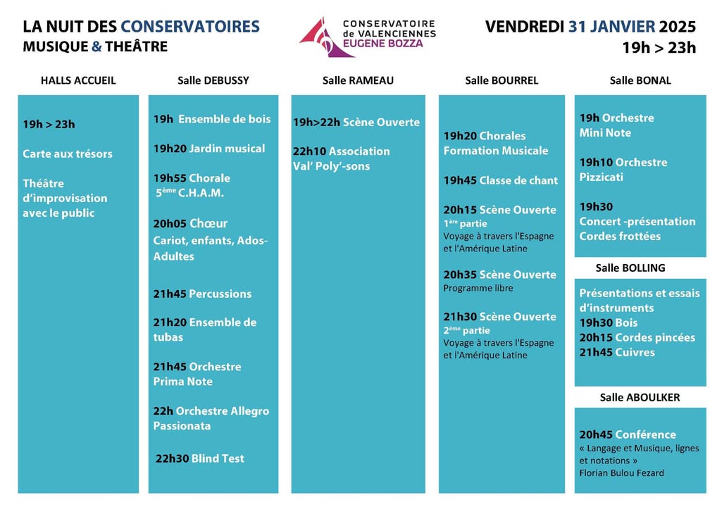 [ #lanuitdesconservatoires] Le Conservatoire de Valenciennes vous donne 𝗥𝗗𝗩 𝘃𝗲𝗻𝗱𝗿𝗲𝗱𝗶 𝟯𝟭 𝗷𝗮𝗻𝘃𝗶𝗲𝗿 𝗱𝗲 𝟭𝟵𝗵 𝗮̀ 𝟮𝟯𝗵.
𝑽𝒆𝒏𝒆𝒛 𝒗𝒊𝒗𝒓𝒆 𝒖𝒏𝒆 𝒆𝒙𝒑𝒆́𝒓𝒊𝒆𝒏𝒄𝒆 𝒖𝒏𝒊𝒒𝒖𝒆 𝒆𝒕 𝒍𝒖𝒅𝒊𝒒𝒖𝒆 𝒂𝒖 𝒄œ𝒖𝒓 𝒅𝒖 𝒄𝒐𝒏𝒔𝒆𝒓𝒗𝒂𝒕𝒐𝒊𝒓𝒆 !
Pour cette édition, le Conservatoire de Valenciennes vous invite à une soirée exceptionnelle où vous pourrez découvrir la richesse des lieux à travers une multitude d’activités.
𝗩𝗼𝗶𝗰𝗶 𝗹𝗲 𝗽𝗿𝗼𝗴𝗿𝗮𝗺𝗺𝗲 👇