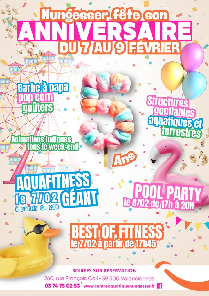 [🤩🩱RDV🥳👟] 🎉 Le Centre aquatique Nungesser fête ses 5 ans ! 🎉
𝗗𝘂 𝟳 𝗮𝘂 𝟵 𝗳𝗲́𝘃𝗿𝗶𝗲𝗿, 𝘃𝗲𝗻𝗲𝘇 𝗰𝗲́𝗹𝗲́𝗯𝗿𝗲𝗿 𝗰𝗲𝘁 𝗮𝗻𝗻𝗶𝘃𝗲𝗿𝘀𝗮𝗶𝗿𝗲 ! 🥳

𝗔𝗨 𝗣𝗥𝗢𝗚𝗥𝗔𝗠𝗠𝗘 :
🎈 Barbes à papa, pop-corn et goûters gourmands du restaurant l’Atelier de Nungesser 🍬
🏖 Structures gonflables aquatiques et terrestres pour les petits et grands 🤸‍♀️
🎉 Animations ludiques tout le week-end pour des moments inoubliables ! 🎨

𝗘́𝗩𝗘́𝗡𝗘𝗠𝗘𝗡𝗧𝗦 𝗦𝗨𝗥 𝗥𝗘́𝗦𝗘𝗥𝗩𝗔𝗧𝗜𝗢𝗡 :
🌊 Aquafitness géant le 7/02 à partir de 20h : Un cours de fitness pour se dépenser tout en s’amusant ! Finissez la soirée en beauté avec un repas offert. 🍽
💪 Best of Fitness le 7/02 dès 17h45 : Une sélection des meilleurs cours pour booster votre énergie et transpirer dans la bonne humeur ! 😅
🎶 Pool Party le 8/02 de 17h à 20h : Plongez dans une ambiance festive et colorée pour danser, vous détendre et créer des souvenirs mémorables en famille ou entre amis ! 🏖
ℹ Inscription en ligne et paiement à l’accueil (prix d’une entrée +2€).
🎟 Réservez vite vos places 👉
https://centreaquatiquenungesser.fr/module-inscriptions/reserver/?periode=194633