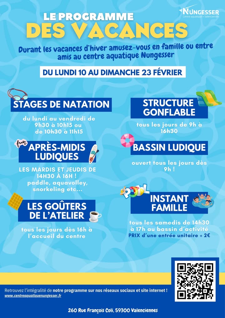 [🏊‍♀️🏊‍♀️ RDV 🏊‍♀️🏊‍♀️] Les vacances continuent et c’est le moment idéal pour profiter d’activités aquatiques en famille ou entre amis ! 🤩🌊
👉 RDV au Centre aquatique Nungesser jusqu’au dimanche 23 février pour vivre des moments inoubliables ! 🎉

𝗔𝘂 𝗽𝗿𝗼𝗴𝗿𝗮𝗺𝗺𝗲 : des activités ludiques et aquatiques pour tous les âges et toutes les envies ! Que ce soit pour se détendre ou s’amuser, il y en a pour tout le monde ! 💦💙

ℹ + d’infos sur www.centreaquatiquenungesser.fr

Ne manquez pas cette dernière semaine pour faire le plein de fun avant la fin des vacances ! 🏖️