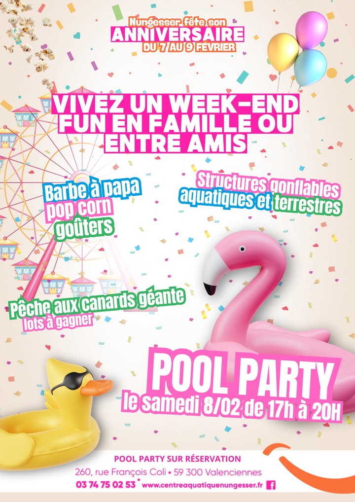 [🎉WEEK-END FESTIF AU CENTRE AQUATIQUE NUNGESSER🏖️] 
Préparez-vous pour un week-end exceptionnel, rempli de fun et de surprises en famille ou entre amis dans votre Centre aquatique Nungesser ! 🥳
✨ Au programme :
    🌊 Structures gonflables aquatiques et terrestres, pour petits et grands !
    🍬 Des gourmandises à volonté : barbe à papa, pop-corn, et pleins d’autres surprises sucrées pour régaler vos papilles.
    🎣 Une pêche aux canards géante, avec de nombreux lots à gagner pour toute la famille !

💦 Le clou du week-end ?
La Pool Party 🎶💃 Samedi 8 février de 17h à 20h ! Vibes festives et ambiance assurée pour une soirée inoubliable sous le signe de la bonne humeur.

🎟️ Réservez dès maintenant pour ne rien manquer de cet événement unique