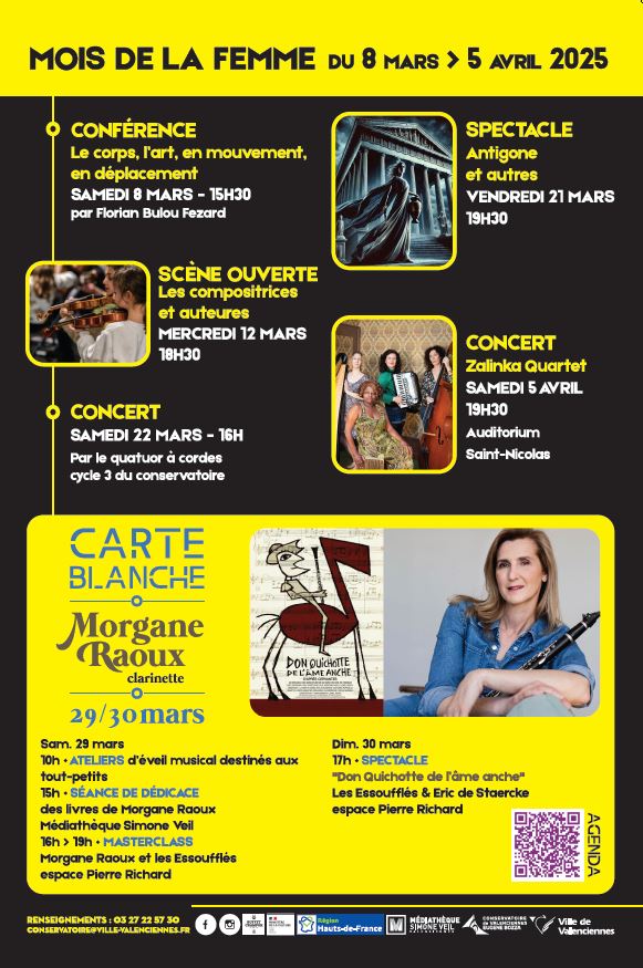 [🎉EVENEMENT🎶] 𝗔̀ 𝗹’𝗼𝗰𝗰𝗮𝘀𝗶𝗼𝗻 𝗱𝘂 𝗺𝗼𝗶𝘀 𝗱𝗲 𝗹𝗮 𝗳𝗲𝗺𝗺𝗲, le Conservatoire de Valenciennes  vous invite à célébrer la musique et l’art sous toutes leurs formes avec une programmation exceptionnelle, 𝗱𝘂 𝟴 𝗺𝗮𝗿𝘀 𝗮𝘂 𝟱 𝗮𝘃𝗿𝗶𝗹 𝟮𝟬𝟮𝟱. 🌸

Venez découvrir une série d’événements mettant en lumière des artistes et compositrices talentueuses. Des concerts, des conférences, des ateliers… un mois complet dédié à la culture, à la créativité !

𝗩𝗼𝗶𝗰𝗶 𝗹𝗲 𝗽𝗿𝗼𝗴𝗿𝗮𝗺𝗺𝗲 : 🎶