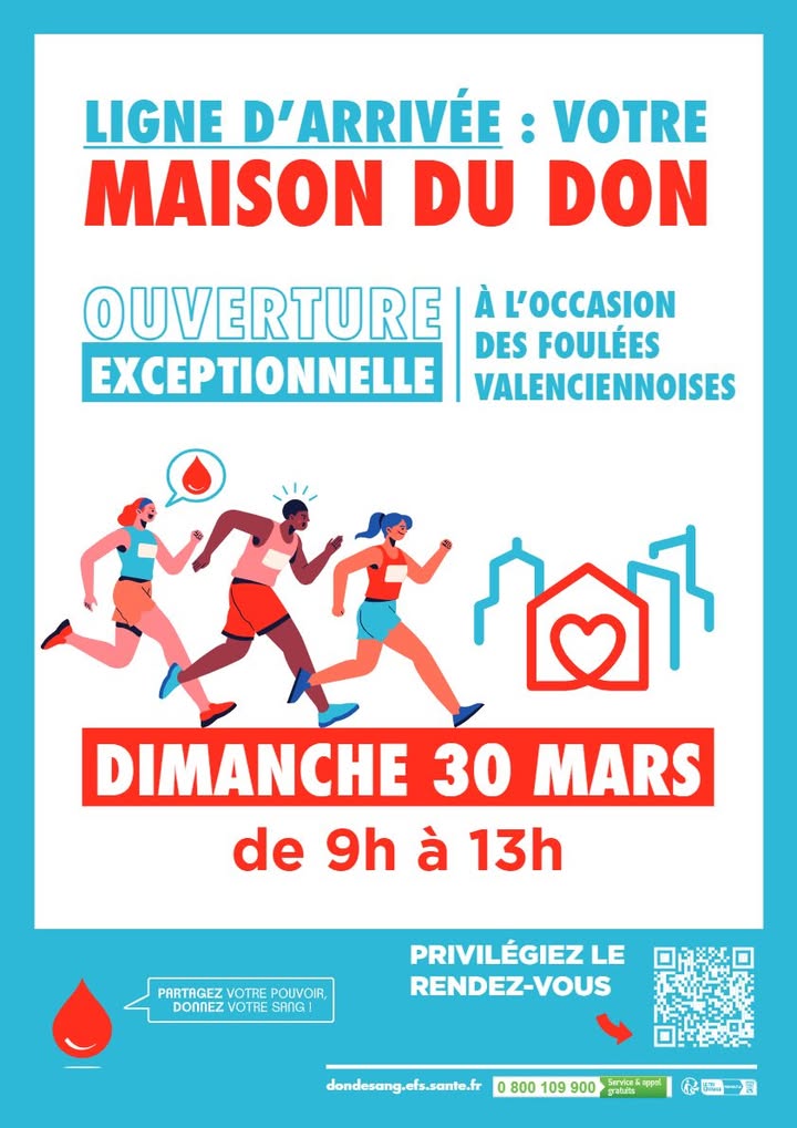 [INFO] ❤️🏃‍♂️ 𝗟𝗮 𝗠𝗮𝗶𝘀𝗼𝗻 𝗱𝘂 𝗗𝗼𝗻 𝗼𝘂𝘃𝗲𝗿𝘁𝗲 𝗹𝗼𝗿𝘀 𝗱𝗲𝘀 𝗙𝗼𝘂𝗹𝗲́𝗲𝘀 𝗩𝗮𝗹𝗲𝗻𝗰𝗶𝗲𝗻𝗻𝗼𝗶𝘀𝗲𝘀 ! 🏃‍♀️❤️
📆 𝗥𝗗𝗩 𝗱𝗶𝗺𝗮𝗻𝗰𝗵𝗲 𝟯𝟬 𝗺𝗮𝗿𝘀 𝗱𝗲 𝟵𝗵 𝗮̀ 𝟭𝟯𝗵. au passage de l’Arsenal. La maison du don vous ouvre ses portes à l’occasion des Les Foulées Valenciennoises

C’est une belle opportunité de participer à cet événement sportif tout en soutenant une cause essentielle : le don de sang. 💉

Venez nombreux pour donner votre sang et contribuer à sauver des vies. Chaque don est précieux et peut réellement faire une différence.