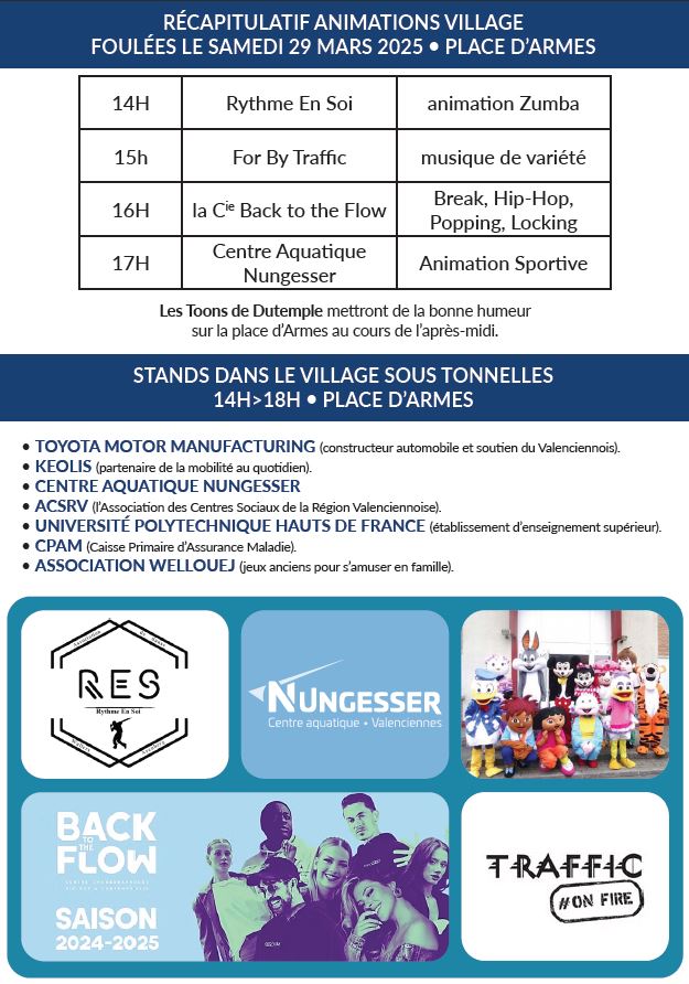 [🏃‍♀️🏃‍♂️ INFOS FOULÉES 🏃‍♂️🏃‍♂️] 🎉 Le Village Les Foulées Valenciennoises vous attend ! 
📅 𝗥𝗗𝗩 𝘀𝗮𝗺𝗲𝗱𝗶 𝟮𝟵 𝗺𝗮𝗿𝘀 𝗱𝗲̀𝘀 𝟭𝟰𝗵 sur la place d’Armes pour découvrir un programme animé et dynamique 🎉🏃‍♂️

Venez participer aux nombreuses activités et découvrez l’ambiance festive qui va lancer cette grande rencontre sportive.

Ne manquez pas l’occasion de vous amuser 😉
ℹ 👇 programme 👇